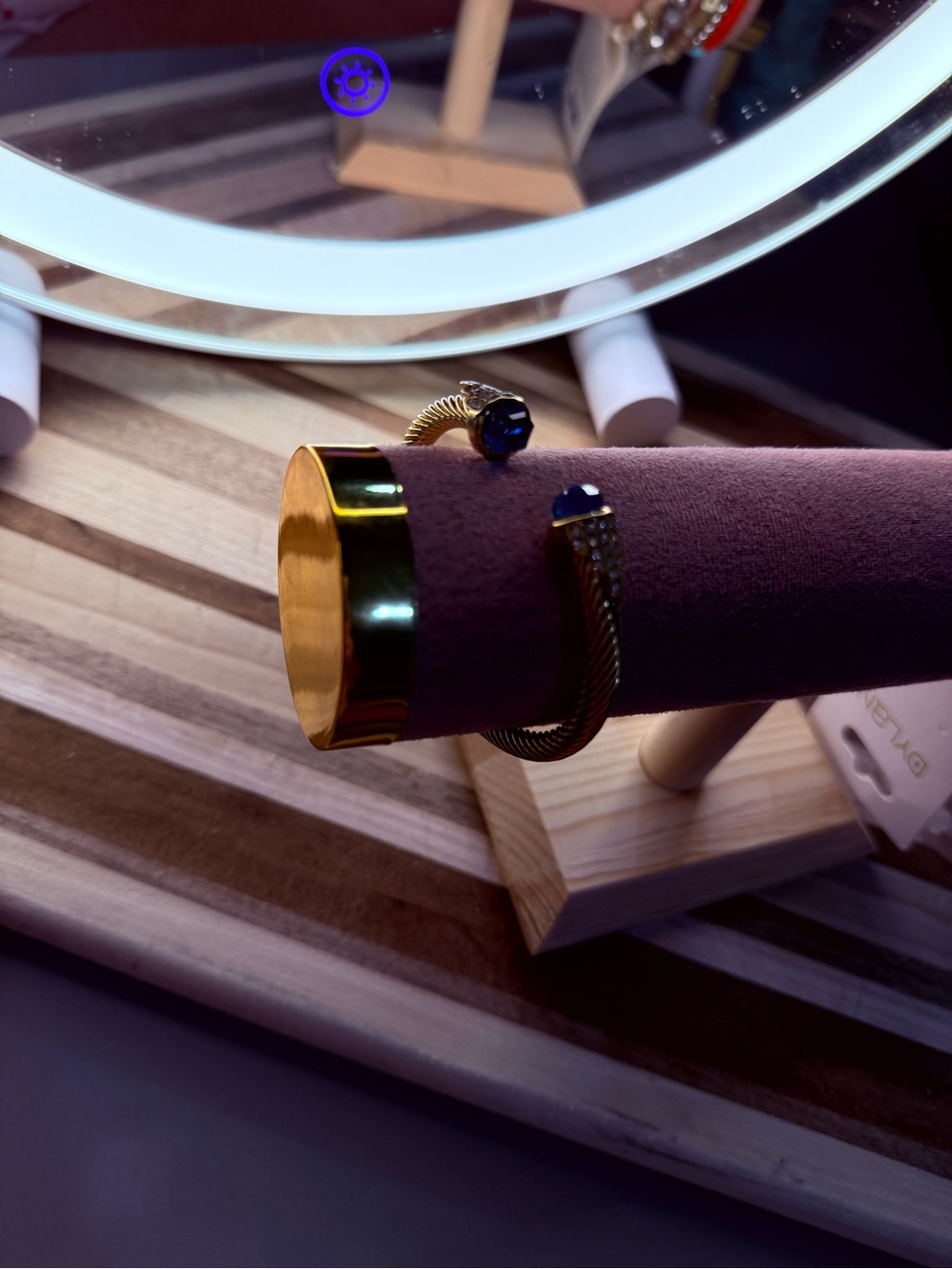 Gold-Tone Cuff Bracelet with Navy Stone Ends